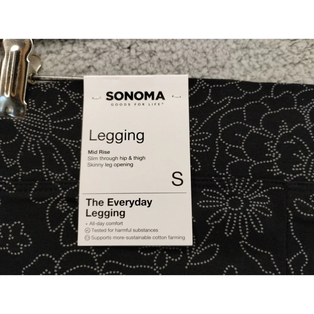 Sonoma Leggings Womens Small Black Floral Mid‎ Rise Non-see-through NWT